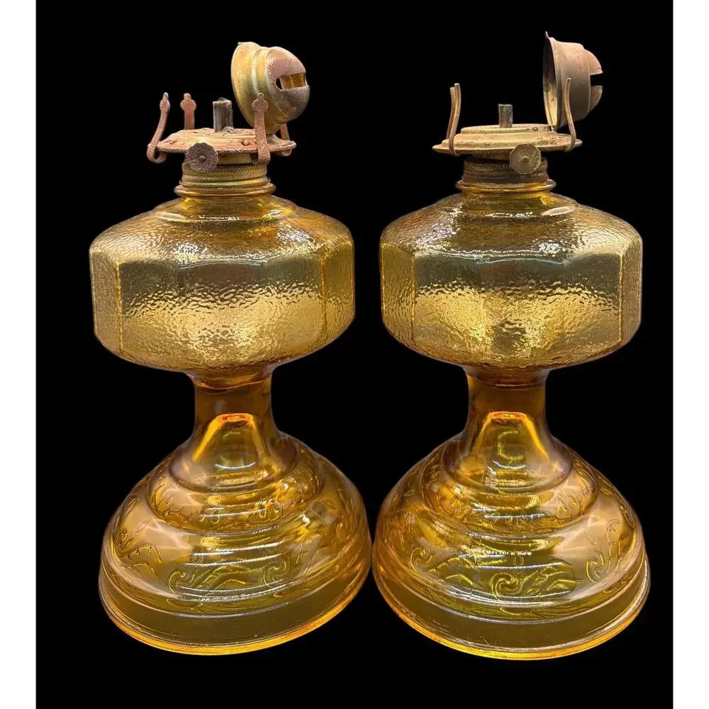 Pair Antique Amber Glass Oil Lamps P&A Burners Hurricane Chimneys 18